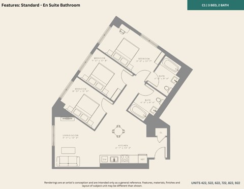 Floor plan for 3 beds, 2 baths, 962 sqft